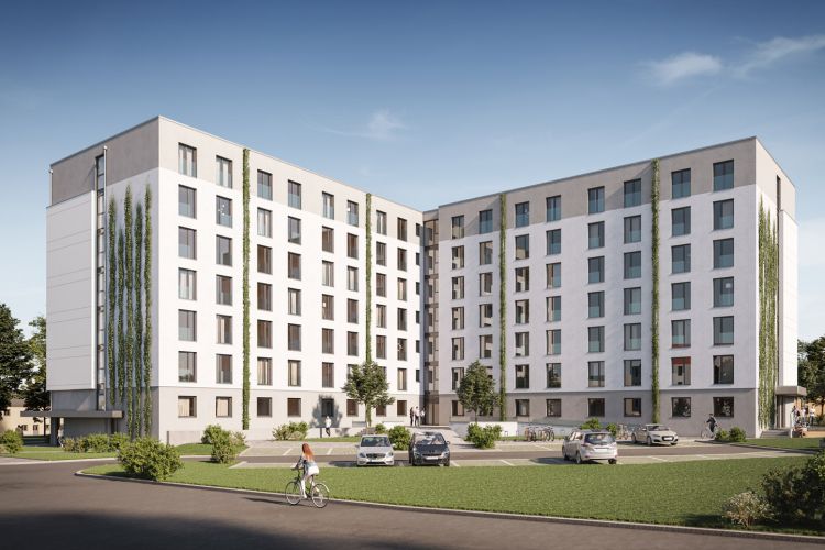 Modernes Studentenwohnheim in Magdeburg mit begrünten Fassaden, Außenbereich und Parkplätzen bei sonnigem Wetter.