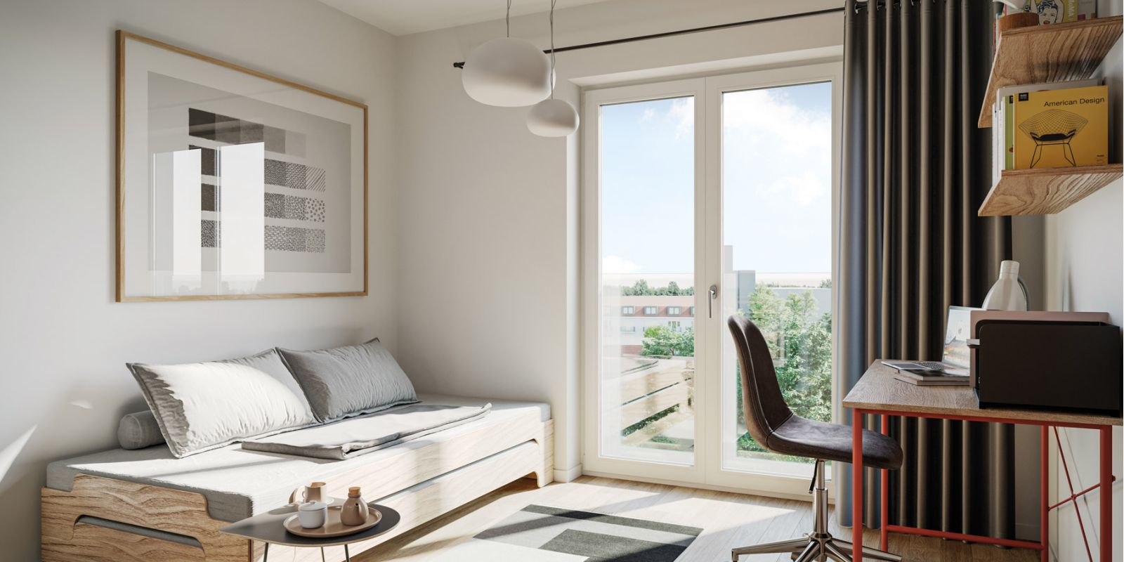 Modernes, helles Studentenzimmer mit Bett, Schreibtisch und Balkonzugang im Studentenwohnheim Magdeburg.