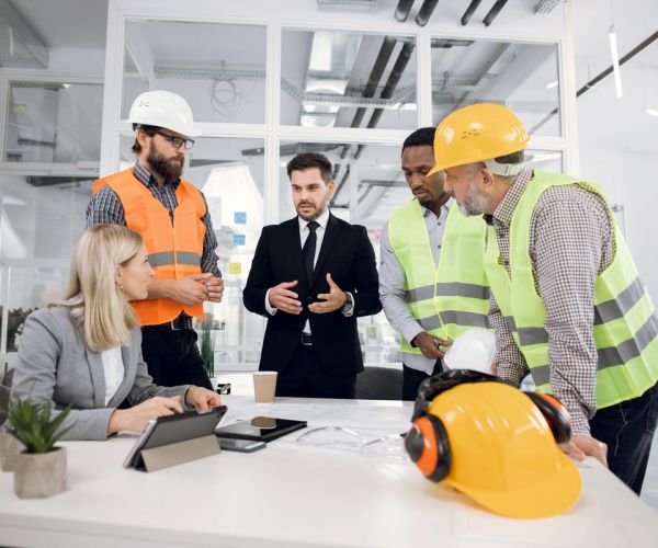 Bauleiter und Projektteam im Meeting mit Plänen und Schutzkleidung, Abstimmung im modernen Büro.