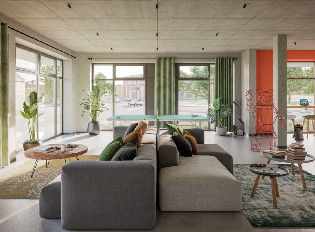 Moderne Lobby mit Lounge, Sofas, Pflanzen und Coworking-Bereich im Studentenwohnheim Magdeburg, lichtdurchflutet.