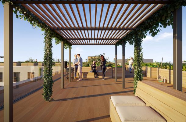 „Dachgarten mit Pergola und Begrünung, Studierende genießen Gemeinschaftsbereich im Studentenwohnheim Magdeburg.