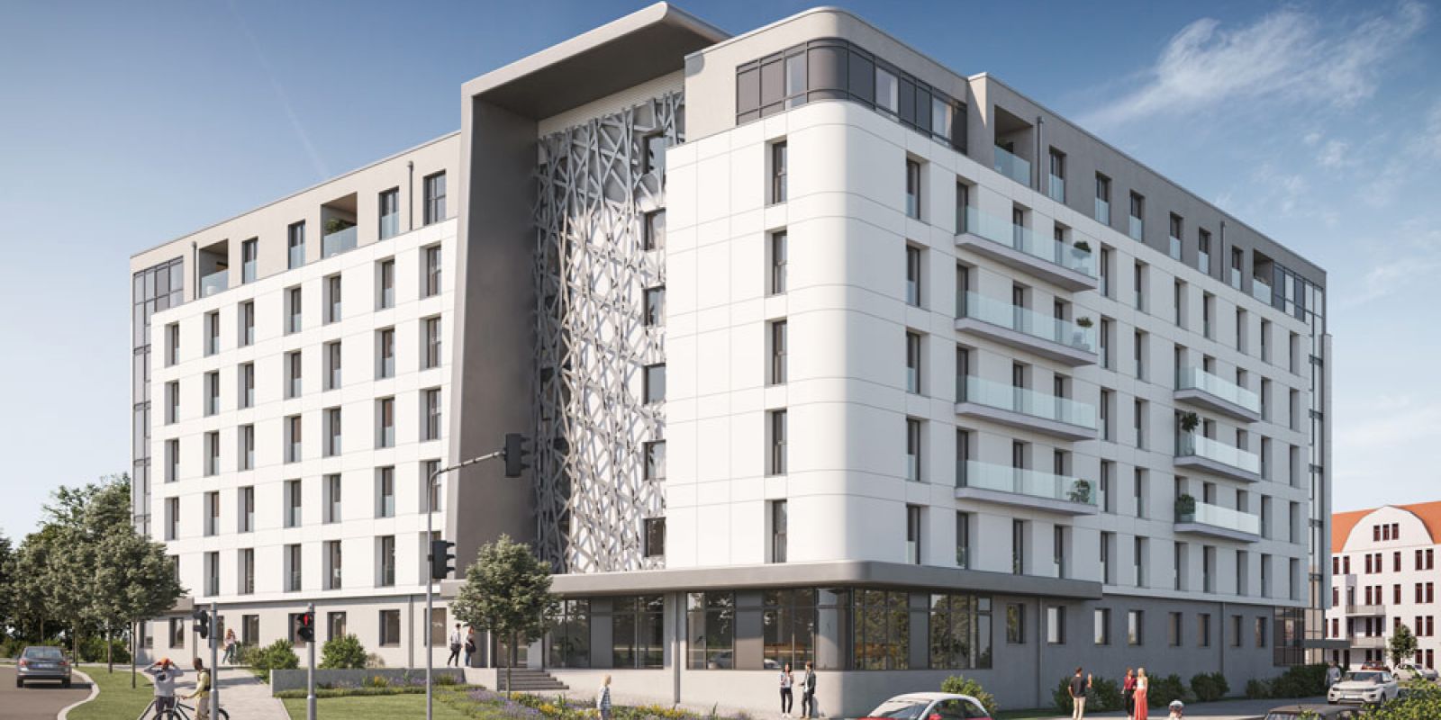 Modernes Studentenwohnheim Magdeburg mit Balkonen und Glasfassade an Straßenecke, urbanes und zentrales Wohnen.